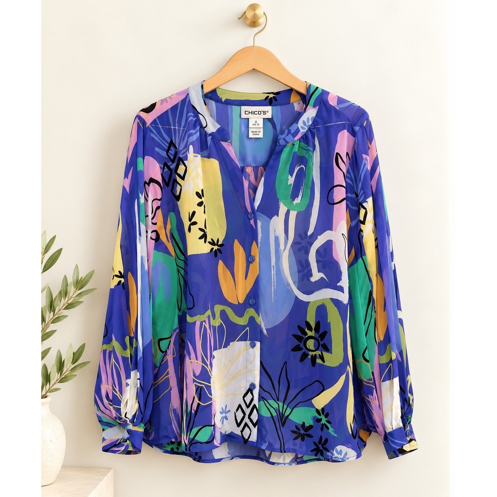 Chicos Abstract Floral Chiffon Blouse Blue Purple Size 3 US 16 Long Sleeve